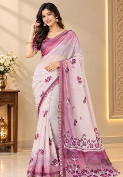 Nayara Heritage Georgette Rose Pink Saree
