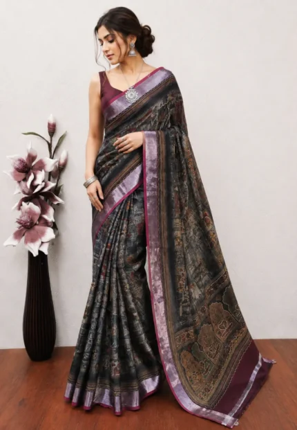 Vedika Cotton-Linen Saree Dark Gray