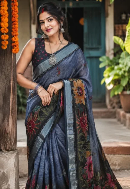 Vedika Cotton-Linen Saree Slate Blue