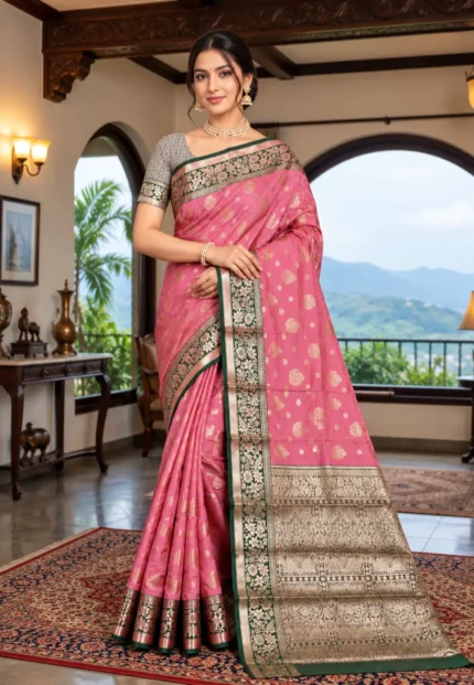 Rajvi Silk Banarasi Pink Saree