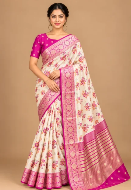 Aarna Kanjeevaram Cream & Magenta Pink Saree