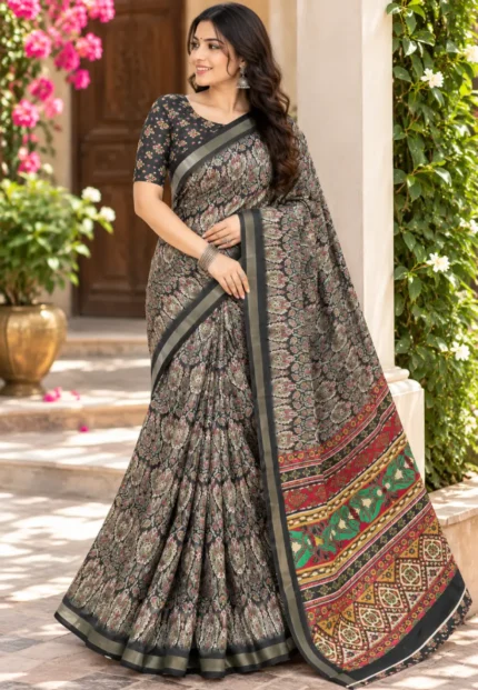 Meera Floral Print Mal-cotton Charcoal Black Saree
