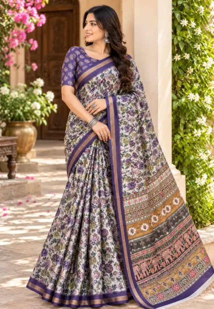 Meera Floral Print Mal-cotton Lavender Purple Saree