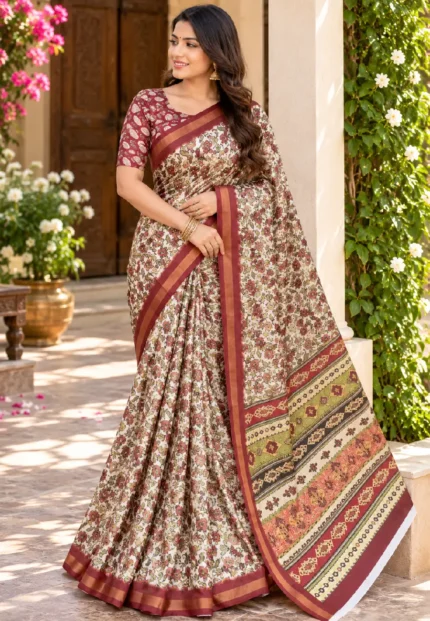 Meera Floral Print Mal-cotton Forest Green Saree