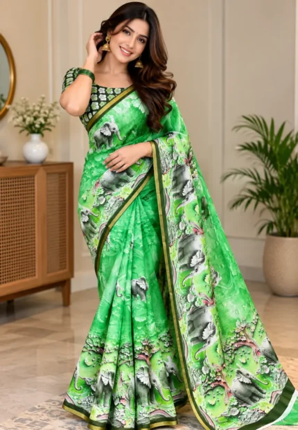 Royal Elephant Cotton Linen Parrot Green Saree