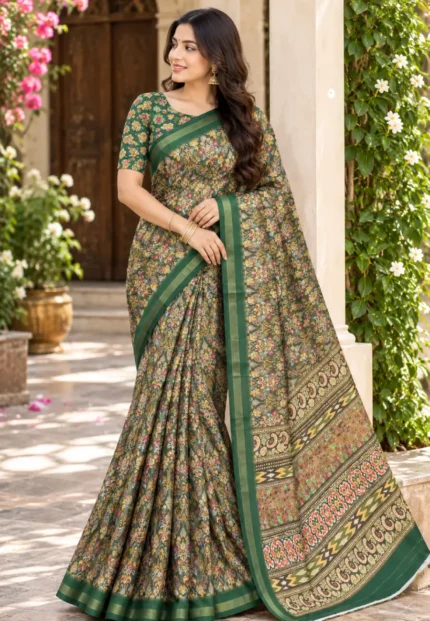 Meera Floral Print Mal-cotton Bottle Green Saree