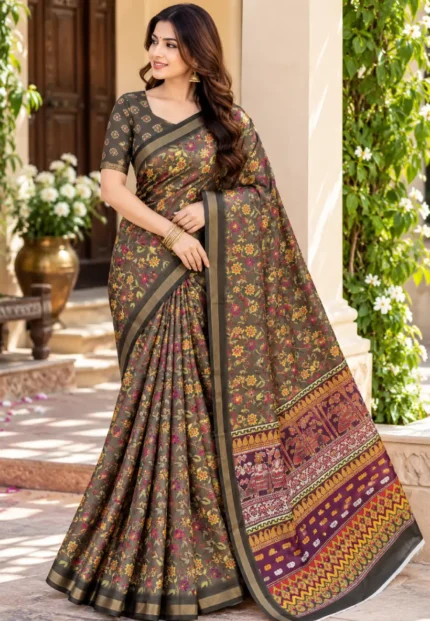 Meera Floral Print Mal-cotton Charcoal Grey Saree