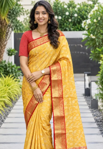 Kundan Mustard Silk Banarasi Saree