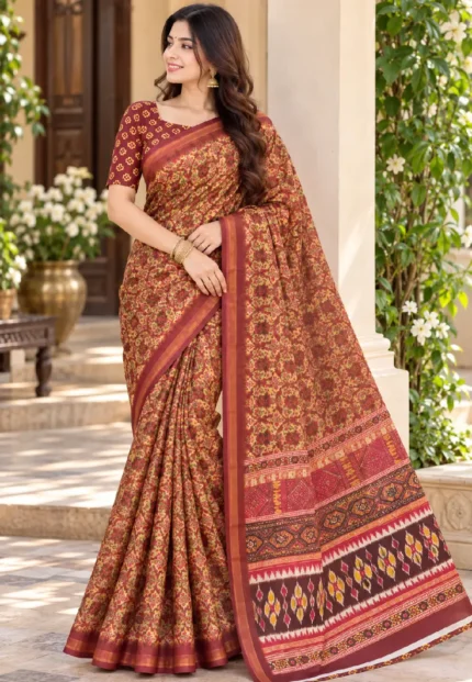 Meera Floral Print Mal-cotton Wine Maroon Saree