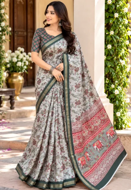 Meera Floral Print Mal-cotton Off White Saree